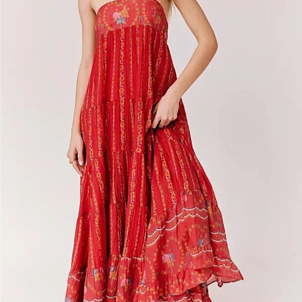 Free People Red Strapless Ruffled Sundress